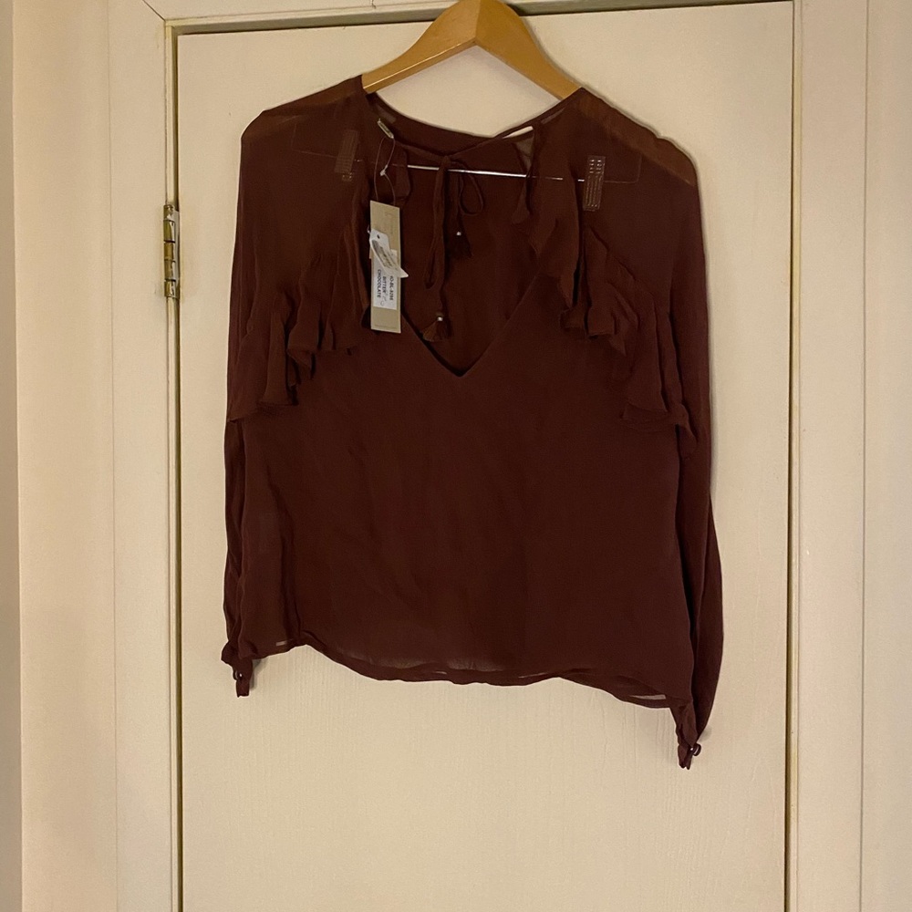 NWT Chan Luu silk ruffle tassel sheer blouse Xs - Picture 7 of 9